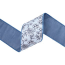 4" Wired Dupioni Ribbon | Black/White Linework Floral on Dusty Blue w/ Blue Backing | 10 Yard Roll