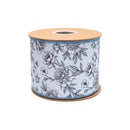 4" Wired Dupioni Ribbon | Black/White Linework Floral on Dusty Blue w/ Blue Backing | 10 Yard Roll