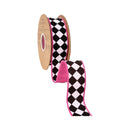 1 1/2" Wired Dupioni Ribbon | Double Black Diamonds on White w/ Hot Pink Backing | 10 Yard Roll