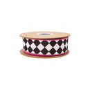 1 1/2" Wired Dupioni Ribbon | Double Black Diamonds on White w/ Hot Pink Backing | 10 Yard Roll