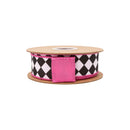 1 1/2" Wired Dupioni Ribbon | Double Black Diamonds on White w/ Hot Pink Backing | 10 Yard Roll