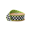 1 1/2" Wired Dupioni Ribbon | Black/White Checkerboard w/ Green Backing | 10 Yard Roll