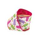 4" Wired Dupioni Ribbon | Summer Popsicles Hot Pink on White w/ Hot Pink Backing | 10 Yard Roll
