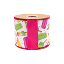 4" Wired Dupioni Ribbon | Summer Popsicles Hot Pink on White w/ Hot Pink Backing | 10 Yard Roll