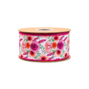 2 1/2" Wired Dupioni Ribbon | Bright Floral Bouquet w/ Pink Backing | 10 Yard Roll