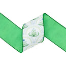 4" Wired Dupioni Ribbon | Watercolor Cornflower Pattern on White w/ Green Backing | 10 Yard Roll