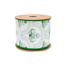 4" Wired Dupioni Ribbon | Watercolor Cornflower Pattern on White w/ Green Backing | 10 Yard Roll