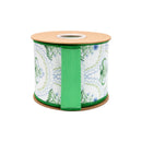 4" Wired Dupioni Ribbon | Watercolor Cornflower Pattern on White w/ Green Backing | 10 Yard Roll