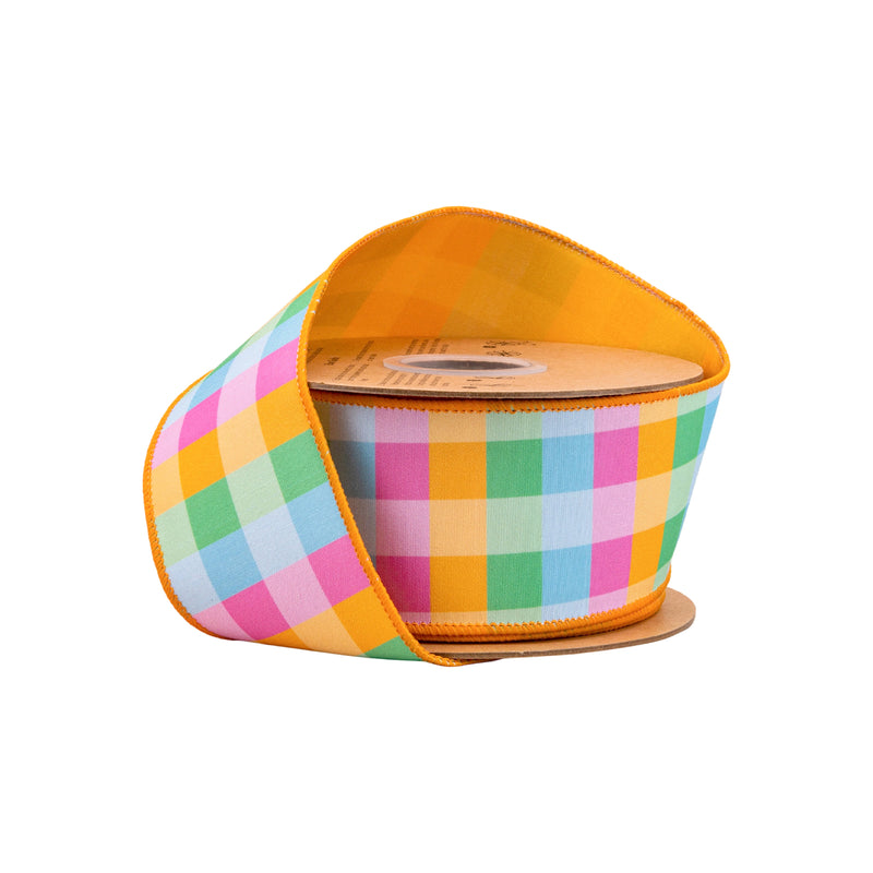 2 1/2" Wired Dupioni Ribbon | Bright Multi-Check w/ Yellow Backing | 10 Yard Roll