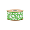 2 1/2" Wired Dupioni Ribbon | White Floral Silhouette on Green w/ Off-White Backing | 10 Yard Roll