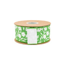 2 1/2" Wired Dupioni Ribbon | White Floral Silhouette on Green w/ Off-White Backing | 10 Yard Roll