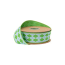 1 1/2" Wired Dupioni Ribbon | Double Green Harlequins on Blue w/ Green Backing | 10 Yard Roll