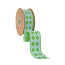1 1/2" Wired Dupioni Ribbon | Double Green Harlequins on Blue w/ Green Backing | 10 Yard Roll
