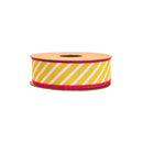 1 1/2" Wired Dupioni Ribbon | Yellow/White Diagonal Stripe w/ Pink Backing | 10 Yard Roll