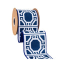 4" Wired Dupioni Ribbon | White Garden Trellis on Navy Blue w/ Navy Blue Backing | 10 Yard Roll