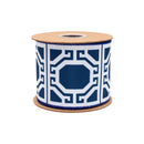 4" Wired Dupioni Ribbon | White Garden Trellis on Navy Blue w/ Navy Blue Backing | 10 Yard Roll