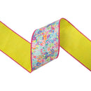 4" Wired Dupioni Ribbon | Tropical Floral w/ Lime Green Backing | 10 Yard Roll
