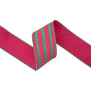 2 1/2" Wired Dupioni Ribbon | Pink/Green Stripe w/ Hot Pink Backing | 10 Yard Roll