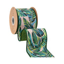 4" Wired Dupioni Ribbon | Tropical Palms on Pink w/ Green Backing | 10 Yard Roll