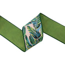 4" Wired Dupioni Ribbon | Tropical Palms on Pink w/ Green Backing | 10 Yard Roll
