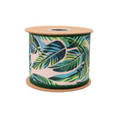 4" Wired Dupioni Ribbon | Tropical Palms on Pink w/ Green Backing | 10 Yard Roll