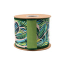 4" Wired Dupioni Ribbon | Tropical Palms on Pink w/ Green Backing | 10 Yard Roll