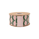 2 1/2" Wired Dupioni Ribbon | Deco Floral on Green w/ Pink Backing | 10 Yard Roll