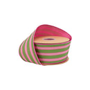 2 1/2" Wired Dupioni Ribbon | Pink/White Stripes on Green w/ Hot Pink Backing | 10 Yard Roll