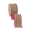 2 1/2" Wired Dupioni Ribbon | Pink/White Stripes on Green w/ Hot Pink Backing | 10 Yard Roll