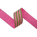 2 1/2" Wired Dupioni Ribbon | Pink/White Stripes on Green w/ Hot Pink Backing | 10 Yard Roll