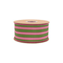 2 1/2" Wired Dupioni Ribbon | Pink/White Stripes on Green w/ Hot Pink Backing | 10 Yard Roll