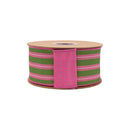 2 1/2" Wired Dupioni Ribbon | Pink/White Stripes on Green w/ Hot Pink Backing | 10 Yard Roll