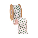 2 1/2" Wired Dupioni Ribbon | Retro Geometric Pattern on Green w/ Pink Backing | 10 Yard Roll