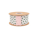2 1/2" Wired Dupioni Ribbon | Retro Geometric Pattern on Green w/ Pink Backing | 10 Yard Roll