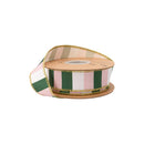 2 1/2" Wired Dupioni Ribbon | Pink/Green/Off-White Wide Horizontal Stripe on Off-White Backing | 10 Yard Roll