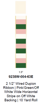2 1/2" Wired Dupioni Ribbon | Pink/Green/Off-White Wide Horizontal Stripe on Off-White Backing | 10 Yard Roll