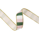 2 1/2" Wired Dupioni Ribbon | Pink/Green/Off-White Wide Horizontal Stripe on Off-White Backing | 10 Yard Roll