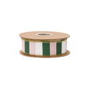 2 1/2" Wired Dupioni Ribbon | Pink/Green/Off-White Wide Horizontal Stripe on Off-White Backing | 10 Yard Roll