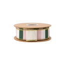 2 1/2" Wired Dupioni Ribbon | Pink/Green/Off-White Wide Horizontal Stripe on Off-White Backing | 10 Yard Roll