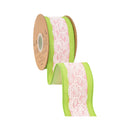 2 1/2" Wired Dupioni Ribbon | Green and Pink Stripe w/ Lace Trim | 10 Yard Roll
