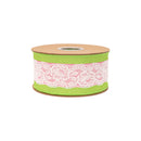 2 1/2" Wired Dupioni Ribbon | Green and Pink Stripe w/ Lace Trim | 10 Yard Roll