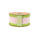 2 1/2" Wired Dupioni Ribbon | Green and Pink Stripe w/ Lace Trim | 10 Yard Roll