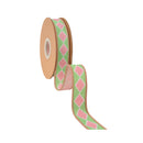 1" Wired Dupioni Ribbon | Single Pink Harlequin on Green w/ Pink Backing | 10 Yard Roll