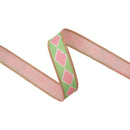 1" Wired Dupioni Ribbon | Single Pink Harlequin on Green w/ Pink Backing | 10 Yard Roll