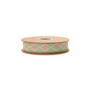 1" Wired Dupioni Ribbon | Single Pink Harlequin on Green w/ Pink Backing | 10 Yard Roll