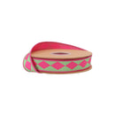 1" Wired Dupioni Ribbon | Single Hot Pink Harlequin on Green w/ Hot Pink Backing | 10 Yard Roll
