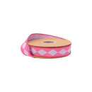 1" Wired Dupioni Ribbon | Single Purple Diamonds on Hot Pink w/ Purple Backing | 10 Yard Roll
