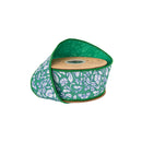 2 1/2" Wired Dupioni Ribbon | White Floral on Green w/ Green Backing | 10 Yard Roll