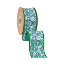 2 1/2" Wired Dupioni Ribbon | White Floral on Green w/ Green Backing | 10 Yard Roll