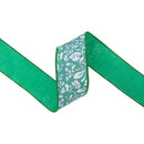 2 1/2" Wired Dupioni Ribbon | White Floral on Green w/ Green Backing | 10 Yard Roll